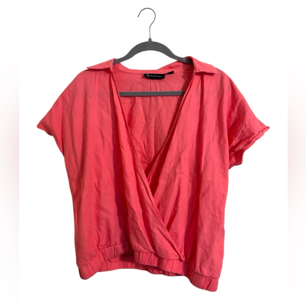 New York & Company Pink Linen Bled‎ Wrap Top Large
